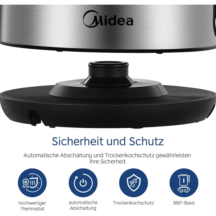Midea 1.7L Stainless Steel Electric Kettle - Fast Boil, LED Display, 360° Base, BPA-Free