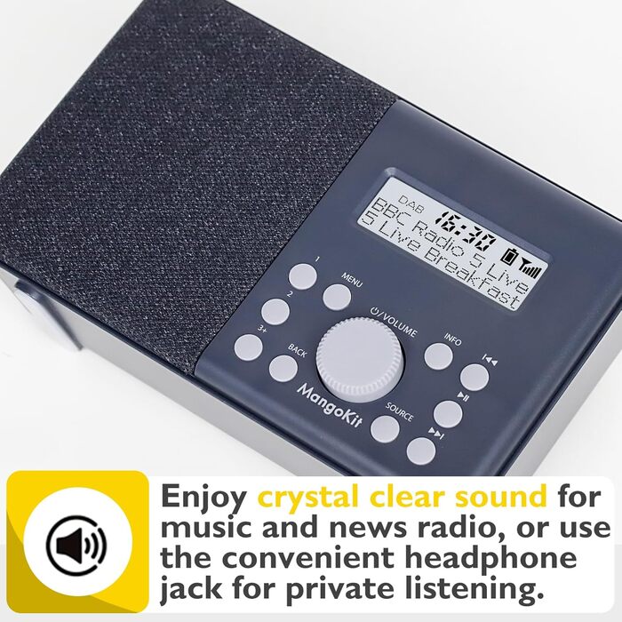 Портативне радіо MD3 DAB/DAB+/FM з Bluetooth, динамік, навушники, 40 станцій, годинник, будильник, таймер, кольоровий дисплей, акумулятор/мережа (Чорний/Сірий)