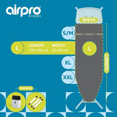 Покриття для прасувальної дошки Airpro від Widex, розмір L, універсальне, 120x42 см, для парових прасок, виготовлено в Європі, колір антрацит