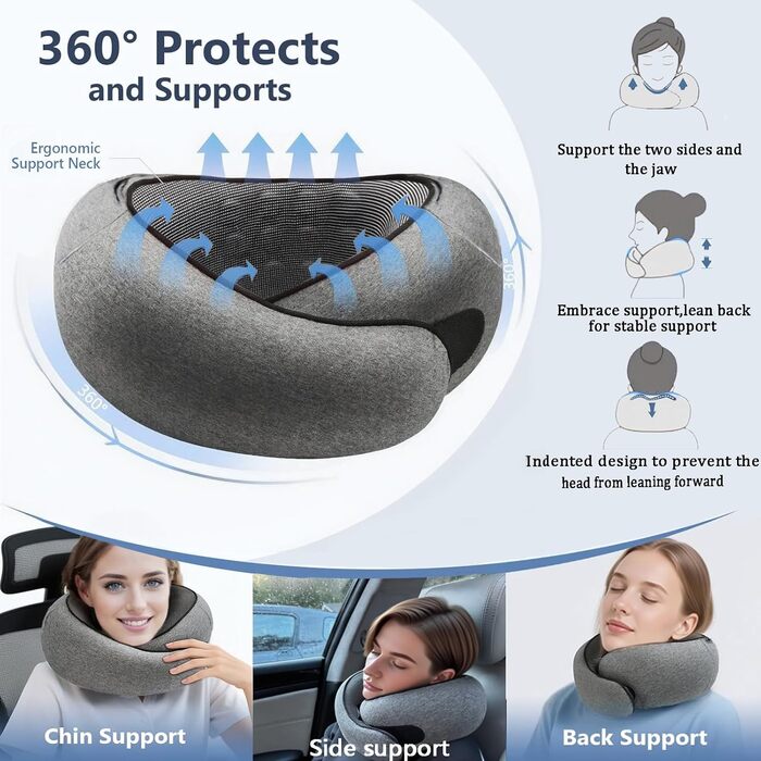 Подушка для шиї з регульованою капюшоном та 360° підтримкою шиї | Ергономічна подушка з піною з пам'яті для подорожей (літак, авто) | З чохлом та берушами | Дихаюча та пральна (темно-сіра)