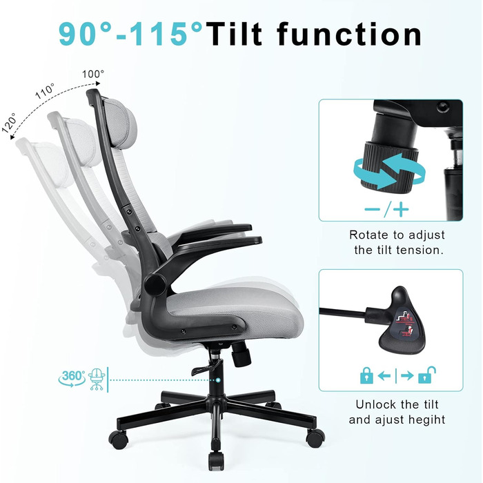 Ергономічне крісло для офісу з регульованою підголовником, сітчасте крісло для робочого столу, відкидні підлокітники, широке сидіння, функція гойдання, комп'ютерне крісло EN 1335, офісне крісло 200 кг, сіре та чорне