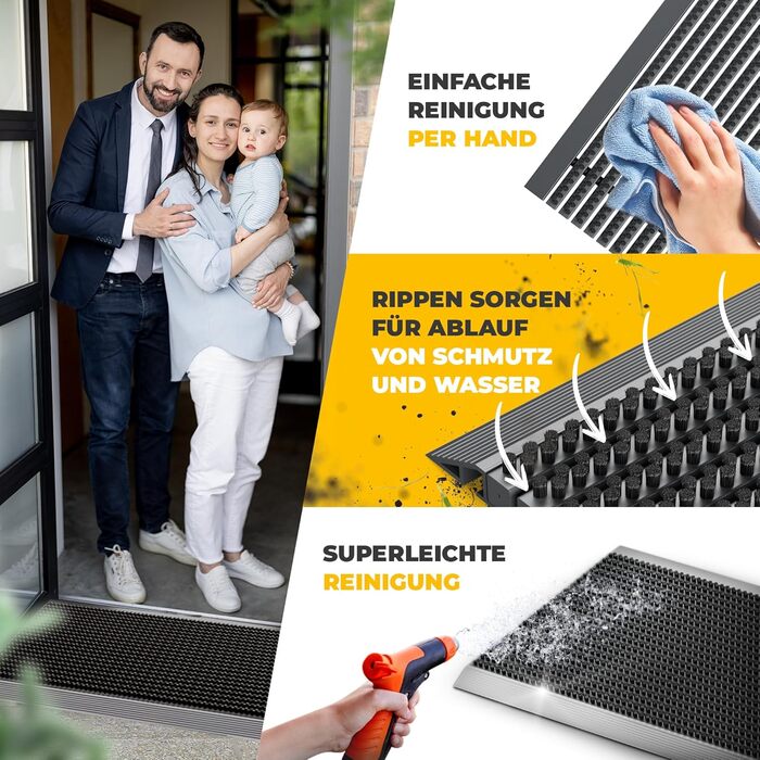 Килимок для порогу Entrando 40x60 см - алюміній, антиковзкий, для дому та тераси. Знімне брудозахисне покриття, чорний колір.