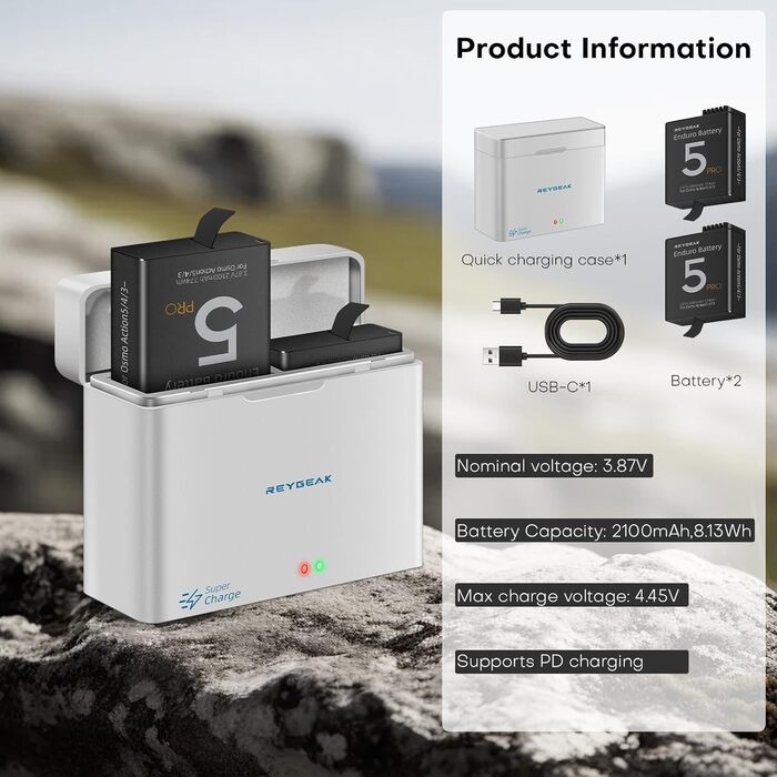 Акумулятор та зарядний пристрій для DJI Osmo Action 5 Pro/4/3: 2 шт. акумулятори, швидка зарядка PD, 2100 mAh