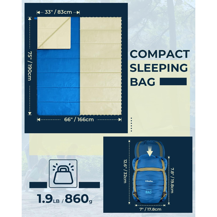 Ohuhu Lightweight Sleeping Bag - Compact & Ultralight Summer Sleeping Bag for Camping, Travel, Festivals (Blue)