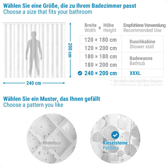 Шторка для душу Ecooe 3D ромби, прозора, 100% EVA матеріал, вологостійка, антигрибкова, 240 x 200 см, з 16 кільцями, для ванної кімнати, товщина 0,15 мм (240 x 200 см)