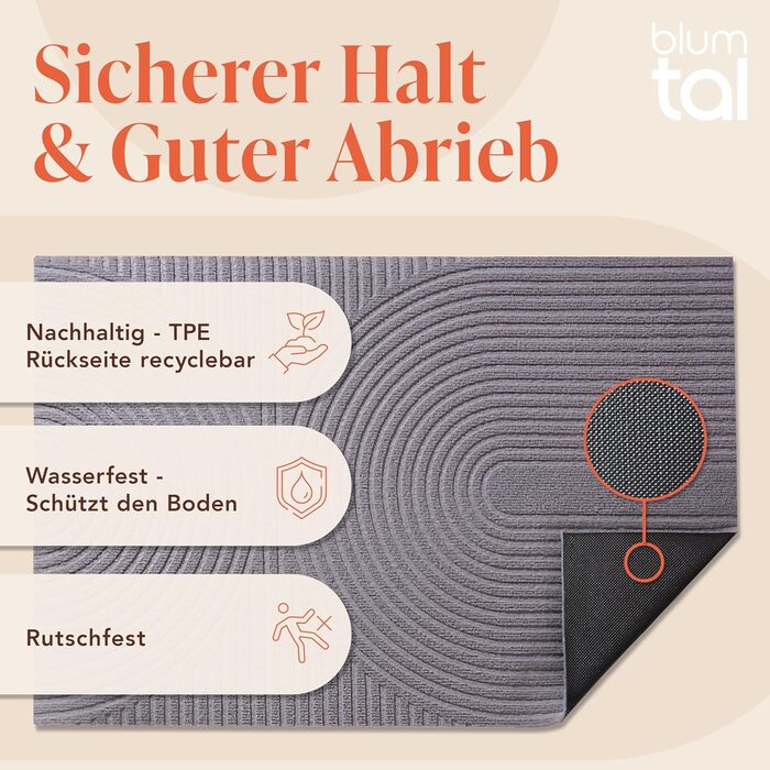 Килимок для дому Blumtal 40x60 см - антиковзаючий, для входу, з візерунком, сірий