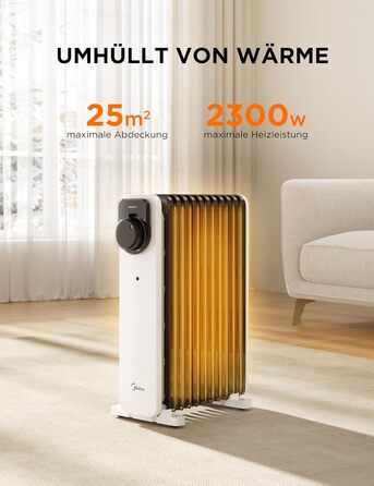 Електричний масляний радіатор Midea 2000W з 11 ребрами, 3 режими нагріву, термостат, захист від перекидання та перегріву, тихий, для дому та офісу