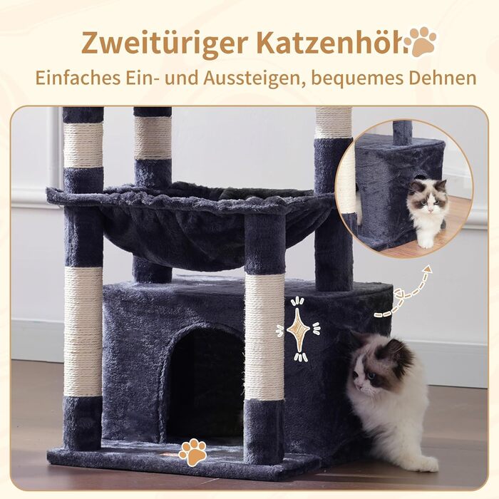 Кігтеточка для котів Heybly Kratzbaum HCT008SW сірого кольору з великим м'яким кошиком та місцем для сну