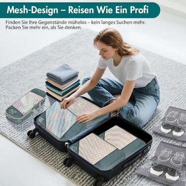 Органайзер для валізи, набір Packing Cubes (9 шт.) з компресією та чохлом для взуття, сірий. Водонепроникні та дихаючі кишені для подорожей та переїзду.