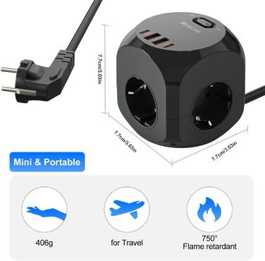 Розподільник розеток з USB-C, 4 розетки, плоский штекер, індивідуальне вмикання, куб з кабелем 2м для офісу, дому, подорожей - білий