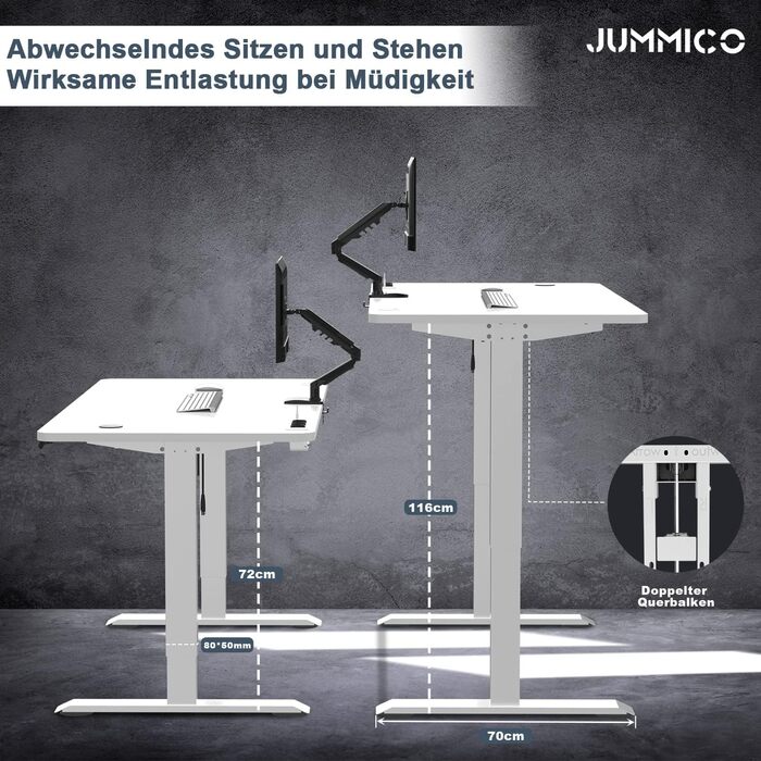 Електричний регульований стіл JUMMICO 140x70 см з бездротовою зарядкою, USB та євро-розеткою, сірої кольору – письмовий стіл для роботи стоячи та сидячи