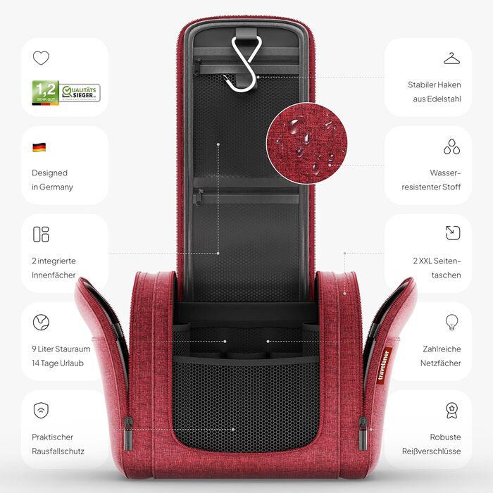 Чохол для туалетних речей Traveaner 7 відділень, 3-в-1, водонепроникний, для подорожей (червоний, XXL)