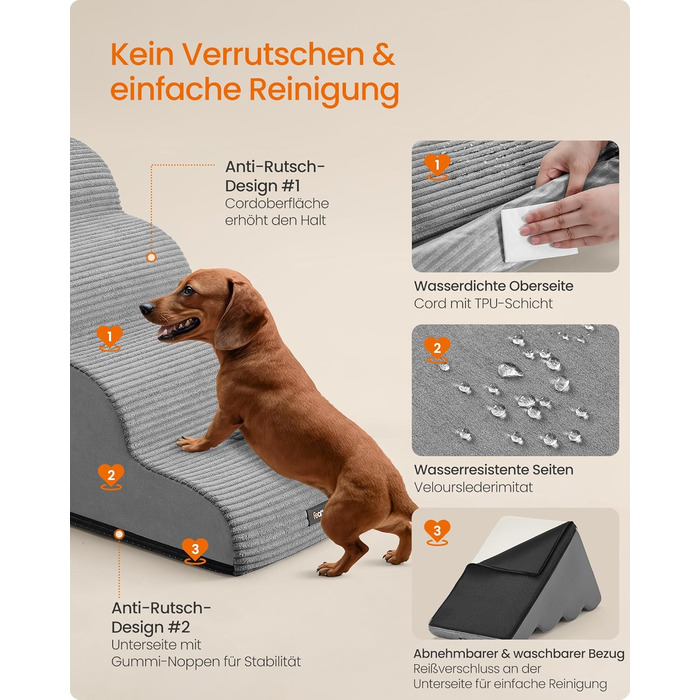 Сходинки для собак Feandrea, 3 ступені, для маленьких собак, котів, водонепроникні, з неслизьким покриттям, знімний чохол, сірого кольору PPS003G01 (4 ступені, 72 см)