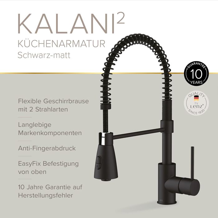 Кухонний змішувач Lenz KALANI² в стилі - з регульованою насадкою для миття посуду – легка установка та висока якість обробки – 46070322 (Для високого тиску, Чорний)