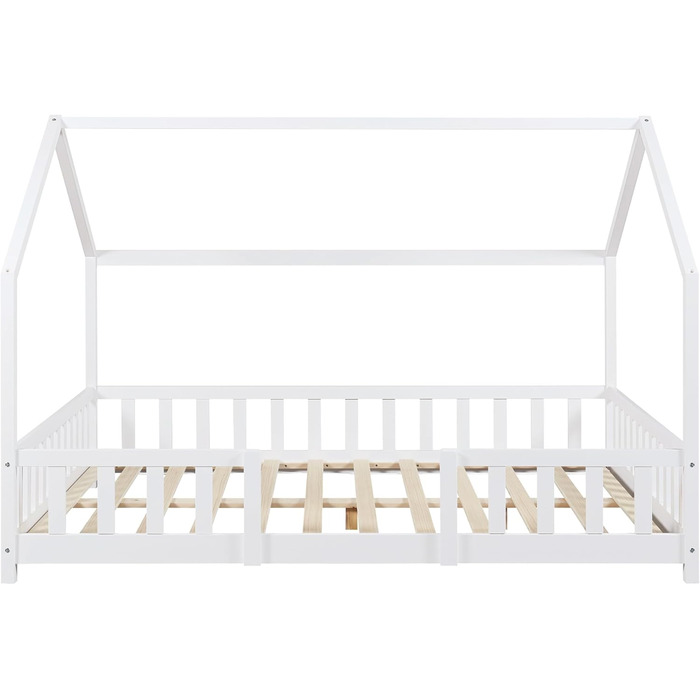 en.casa Kinderbett Sisimiut House Bed 140 x 200 cm with Side Rails, Wooden Bed for Children, Floor Bed, Slatted Frame, Pine Wood, Matt White, 140x200cm