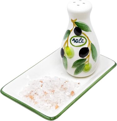 Handmade salt and pepper shaker set from Italian ceramic, 3-piece in olive green design with tray, size 14x8 cm