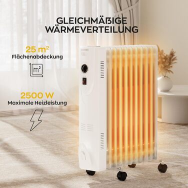 Електричний масляний радіатор Heinrich з 13 ребрами, 2500W, з вентилятором, терморегулятором, захистом від перегріву та нахилу, чорний (білий 11 ребер)