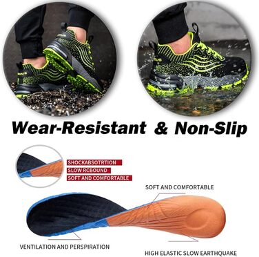 Зручні робочі черевики ISOOUS з металевим підноском для чоловіків та жінок. Легкі, дихаючі, неслизькі, захисні черевики, 42 EU, зелені.