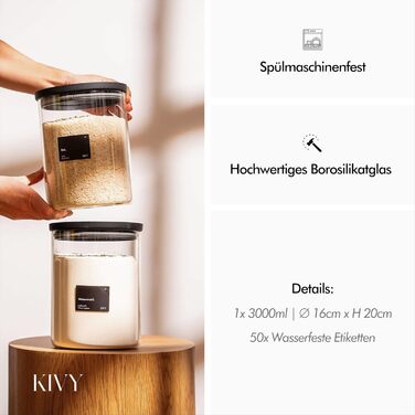 KIVY Велика герметична банка для зберігання 3 л з прозорою скляною кришкою – для борошна, печива, солодощів, порошку – скляна банка для зберігання продуктів, кексів, круп, побутової хімії