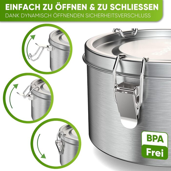 Blockhutte Premium Stainless Steel Lunchbox, Round, 1200ml, with Spoon and 2x Seal Set, Stainless Steel Leakproof Container, Stainless Steel Food Storage Container for Office Use, Freezer-Safe Stainless Steel Food Container