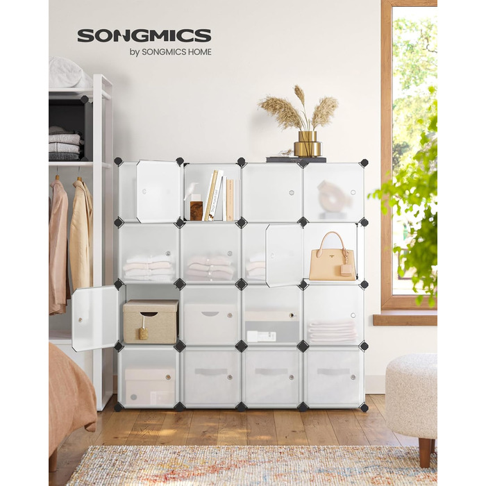 SONGMICS Regal System, Shoe Rack, Set of 16 Cubes, Plastic Closet Organizer with Doors, Stackable Shelf, Storage for Clothes, Shoes, and Books, Easy Assembly, White LPC44BS