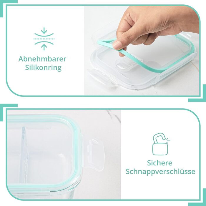 Контейнери для харчування Winter Shore скляні з 2 відділеннями (5 шт) - BPA-free, герметичні, для мікрохвильовки, морозилки та посудомийки (бірюзові)