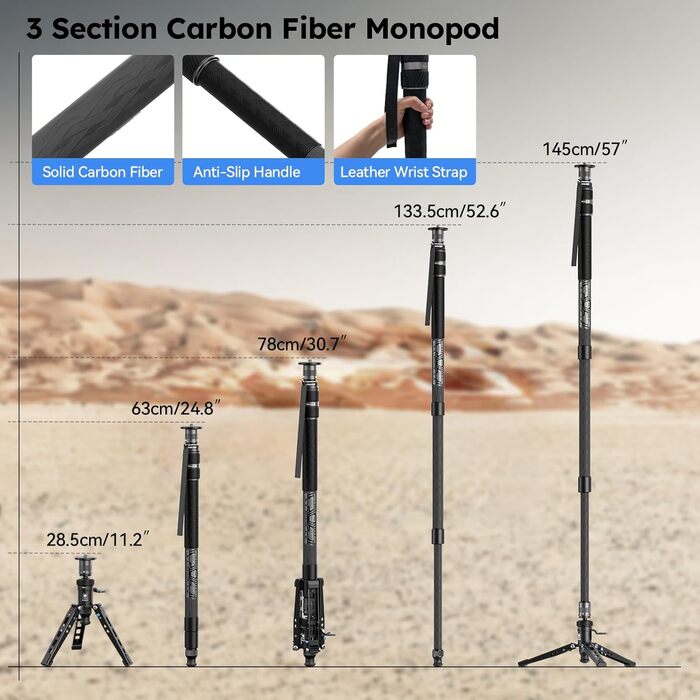 SIRUI Монопод з вуглецевого волокна з системою швидкого кріплення | 165см, професійний, 3-в-1, вантажопідйомність 10кг, для DSLR та відео (SVM-145P)