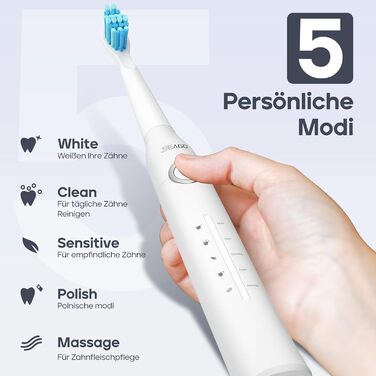 Електрична звукова зубна щітка Seago SG-958 (біла), 40000 вібрацій/хв, 5 режимів, 8 насадок, USB-зарядка