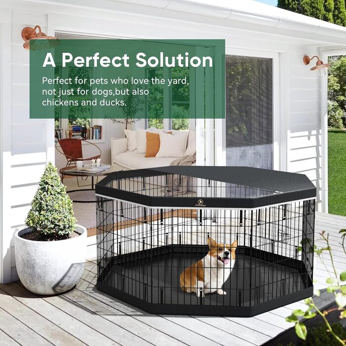 Металевий вольєр для собак PJYuCien, 8 панелей, 61 см, для дому, з підлогою, складний, для цуценят, чорний