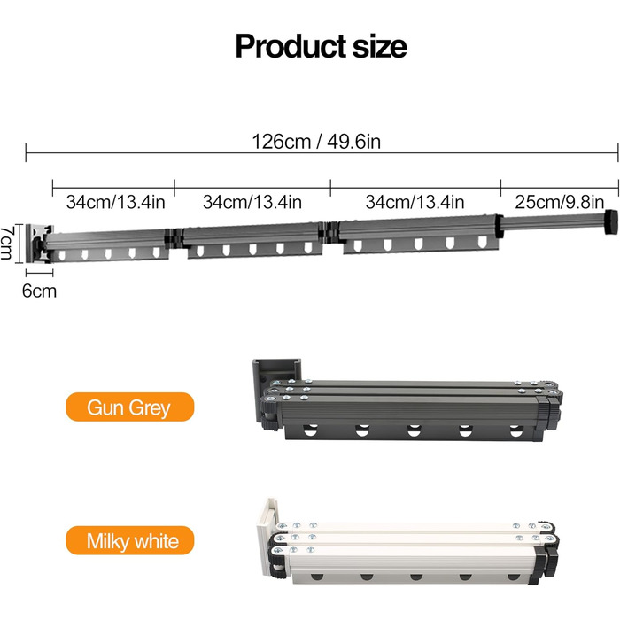 Висувна стійка для одягу, 3-х рівнева, розкладна, для кріплення на стіні, 126 см, економія місця, розкладна, з гачками, для балкона, білизни, ванної кімнати, білий, молочно-білий (пістолетно-сірий)