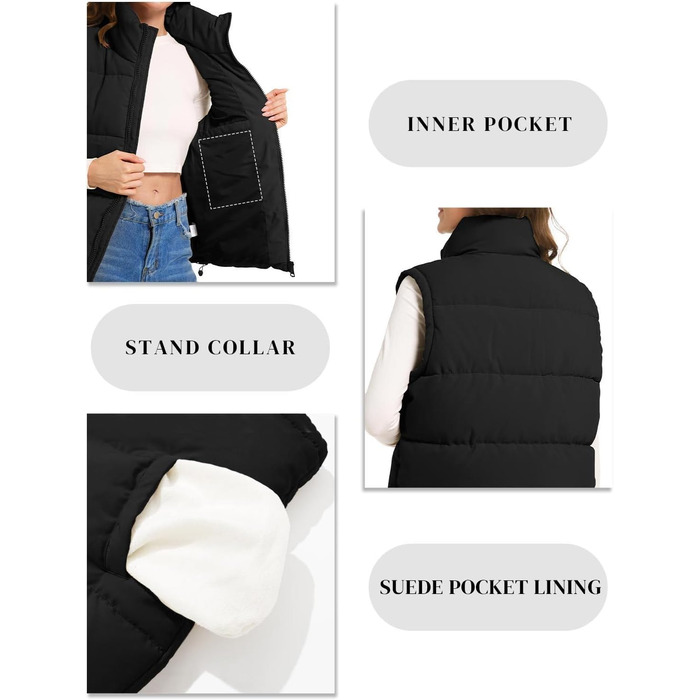 Жіноча пуферка/жилетка Polu, без рукавів, на блискавці, зі стійким коміром, оверсайз, чорна, розмір S