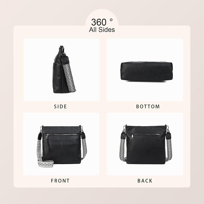 Сумка жіноча Gladdon шкіряна чорна крос-боді середнього розміру через плече з широким ременем та жакардовою тканиною