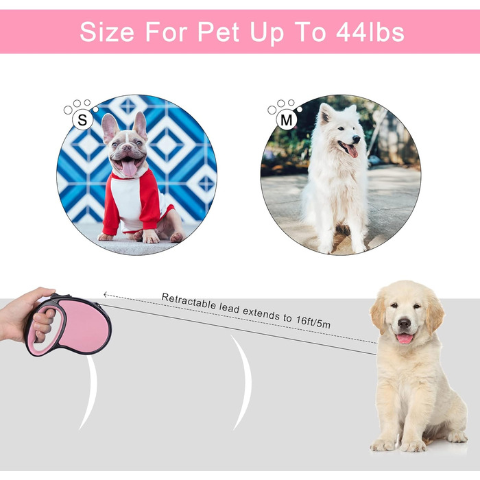 Висувна собача шлейка, 5 м, для собак маленьких та середніх порід до 25 кг, антизаплутування, міцний нейлоновий трос (рожево-білі крапки), рожева