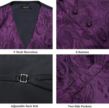 Набір DiBanGu для чоловіків: шовкова жилетка та краватка з паєтками, попередньо зав'язаний бантик, для весілля, свят, 6 шт., колір: фіолетовий (M)