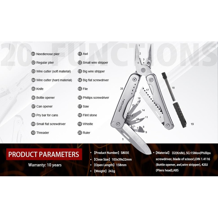 ROXON S803E Elite Update Multi-Tool - 20-Function Survival Knife with Pliers & Fire Starter | EDC Outdoor Tool