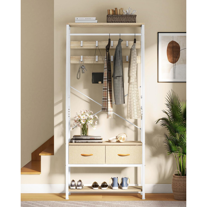 YITAHOME Entryway Bench with Shoe Cabinet, Freestanding Coat Rack with Bench and 2 Folding Drawers, Industrial Coat Rack with 8 Hooks for Entryway, Living Room, Bedroom, Metal Frame, Rustic Brown (Beige)