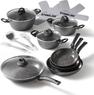 STONELINE Ceramic Cookware Set, 16-Piece, 18/20/24/28 cm Pots and Pans, PFAS-Free, Cookware Set with Lids, Ceramic Coating with Real Stone Particles, Grey, 16-Piece
