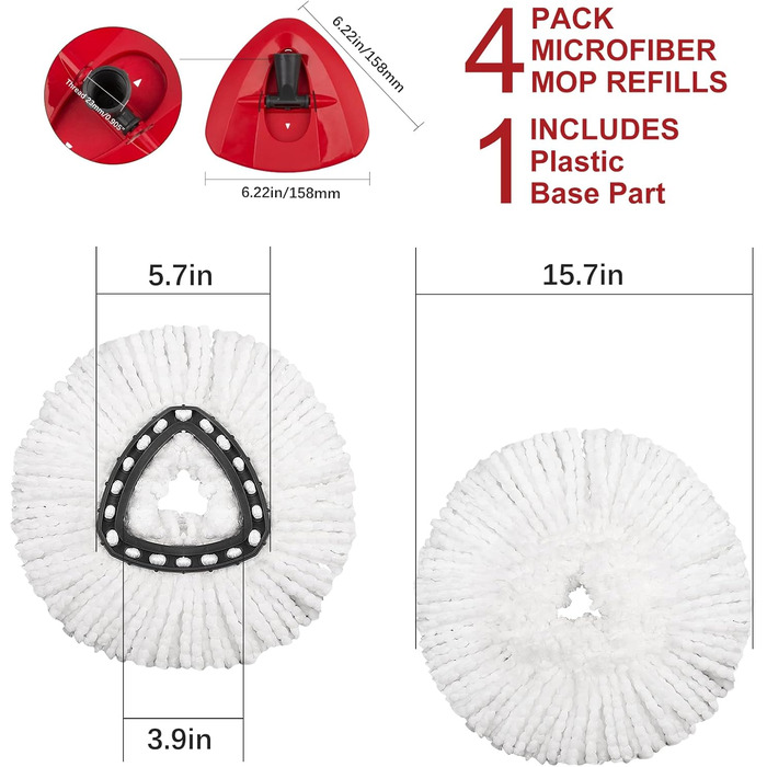 Replacement mop head – including 1 rotating mop base – EasyWring mop refill, compatible with O Cedar mop, replacement head, microfiber mops for floor cleaning for triangular pin mop