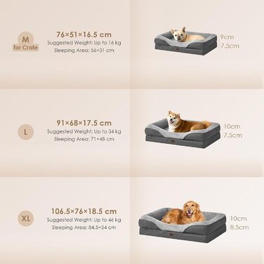 Ортопедичне ліжко для собак EHEYCIGA, 76x51x16.5 см, сіре. З Memory Foam, миється та водонепроникне. Ліжко-корзина для маленьких собак з 4 бортиками, антиковзаюче.
