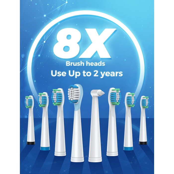 Електрична зубна щітка Demita зі звуковими коливаннями, 8 насадок, 40000 VPM, 5 режимів, швидка зарядка (30 днів роботи), S1, 3-білий