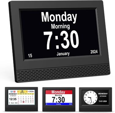 Ykall 7-Inch Digital Calendar Clock for Seniors, Alarm Clock with Reminder Function, Clear Day/Date and Time, Large Display, Ideal for Dementia and Alzheimer's Patients