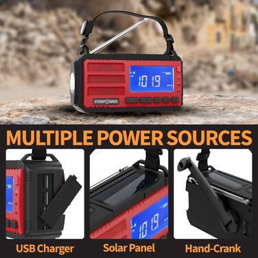 Радіоприймач FosPower NOAA/AM/FM з Power Bank 19240mAh (5200mAh) – Сонячна/USB/Ручна зарядка, SOS-сигнал, Ліхтарик, Помаранчевий (D8)