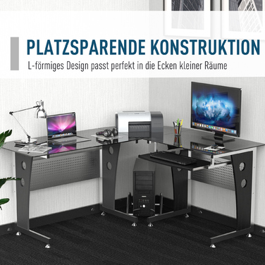 HOMCOM L-Shaped Corner Desk with Black Safety Glass 164x139x75 cm, stylish workspace for home office