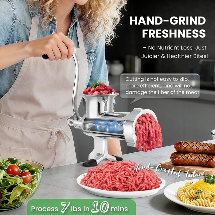 М'ясорубка ручна Huanyu з нержавіючої сталі та насадкою для ковбас, 10 розмір, посудомийна