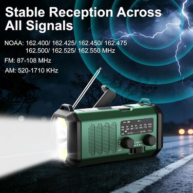 Leaton Радіостанція аварійна з ручним генератором, NOAA, AM/FM, 10000 mAh | Сонячна Power Bank, USB-C, ліхтарик, SOS-сигнал, для кемпінгу, виживання, військових, зелений