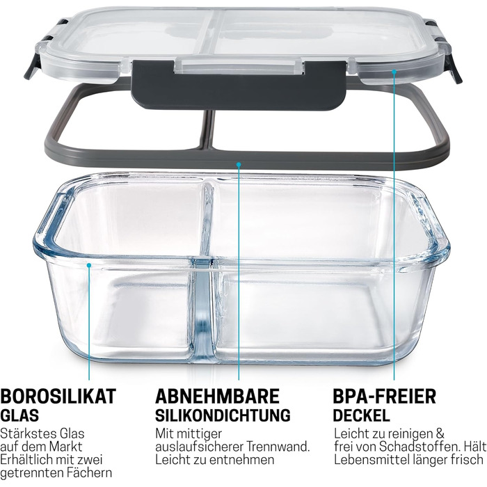 Набір контейнерів для їжі Igluu Meal Prep (3 шт.) – 980 мл, з боросилікатного скла, з 3 відділеннями, BPA-free, для мікрохвильовки, духовки, морозильника, посудомийної машини, витікання неможливе