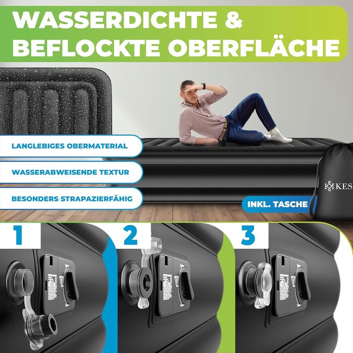 Надувна матрац KESSER® з вбудованим електричним насосом, самонадувна, для гостей, кемпінгу та дому. Матрац для 1 особи, 203 x 95 x 51 см, чорний