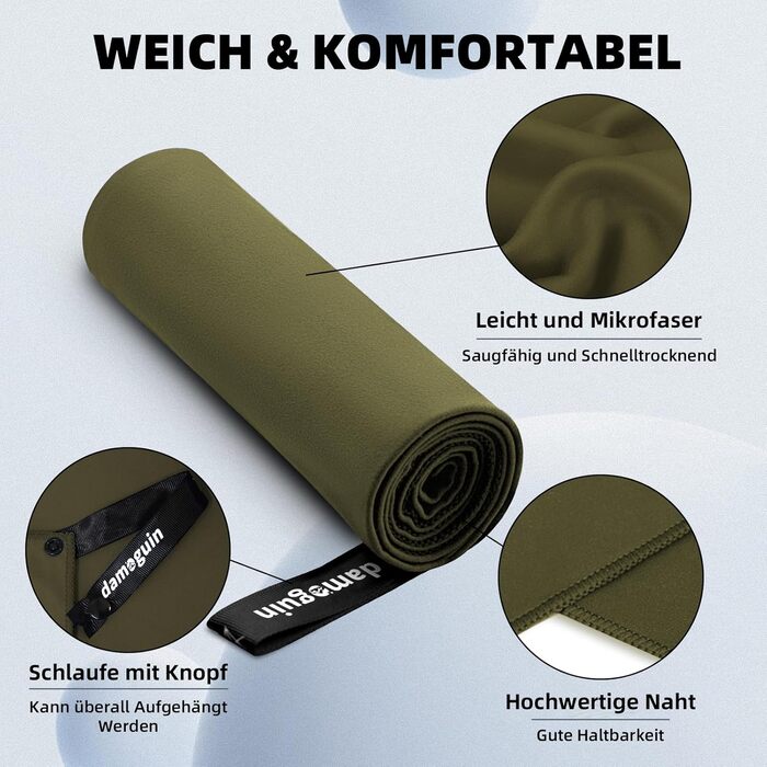 Набір з 3 рушників з мікрофібри: великий (180x80 см) та 2 маленькі (80x40 см). Швидковисихаючі рушники з мікрофібри для спорту, пляжу, ванни та подорожей (армійний зелений)