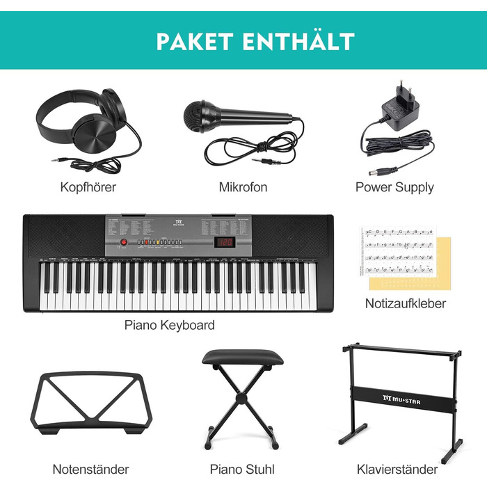 MUSTAR 61-клавішна клавіатура-піаніно для початківців, цифрова клавіатура з підсвічуванням, динаміками, стійкою, табуретом, навушниками, мікрофоном, підставкою для нот, 300 звуків та уроками гри, чорний колір