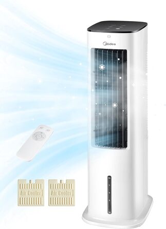 Midea 4-in-1 Portable Air Conditioner, Tower Fan with Water Cooling & Humidifier - Mobile Air Cooler with 5L Water Tank, 355m³/h Airflow, Ionizer, Remote Control (55W, White)
